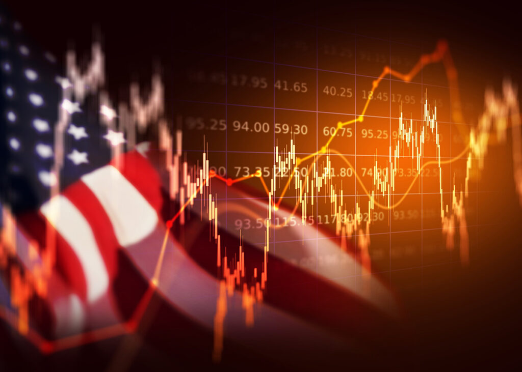 american,flag,with,rising,stock market,candlestick,and,line,charts,,showing
