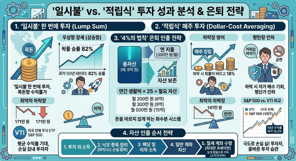 일시불 vs 적립식 투자 (82% 승률, 분할매수, 인출전략)