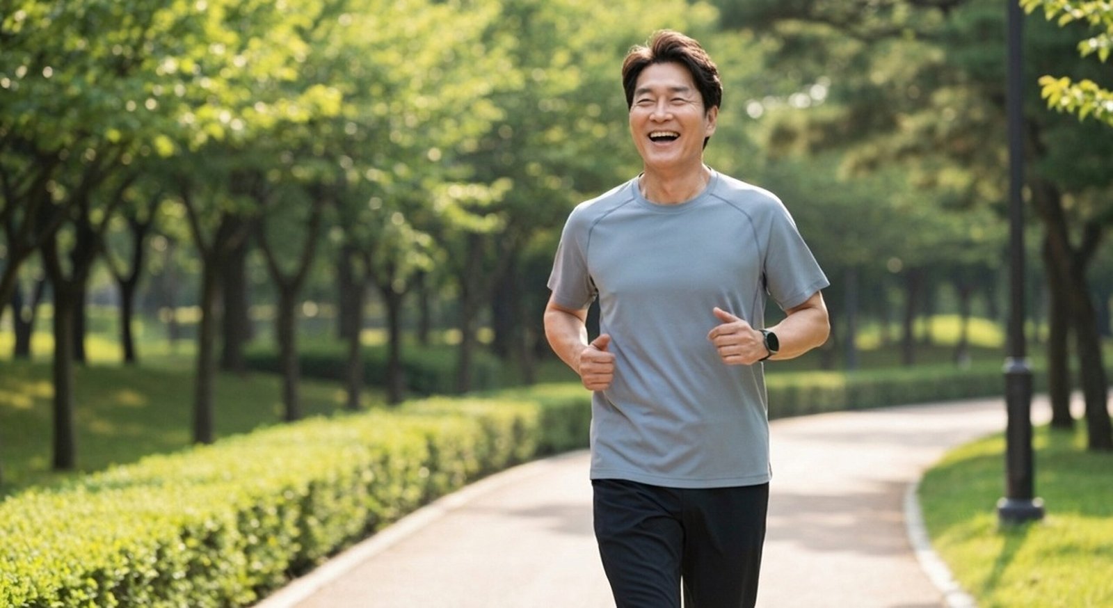 a,stylish,korean,couple,in,their,50s,is,jogging,side